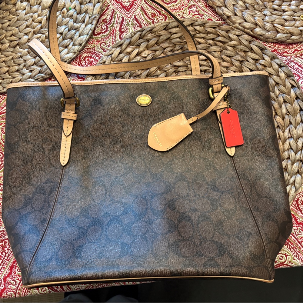Coach Dark Brown Tote with Tan Straps